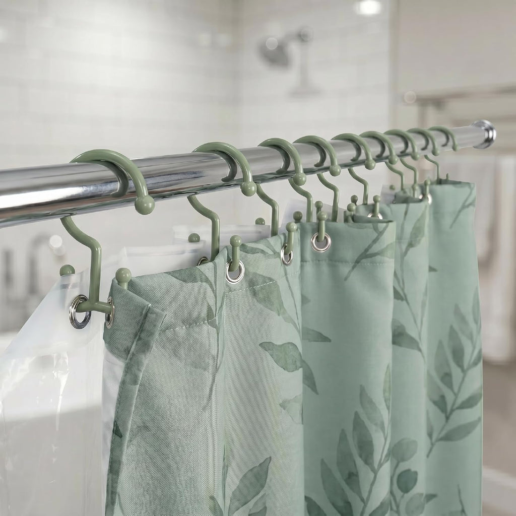 Bathway Green Shower Curtain Hooks, 12 Plastic Double Shower Curtain Rings