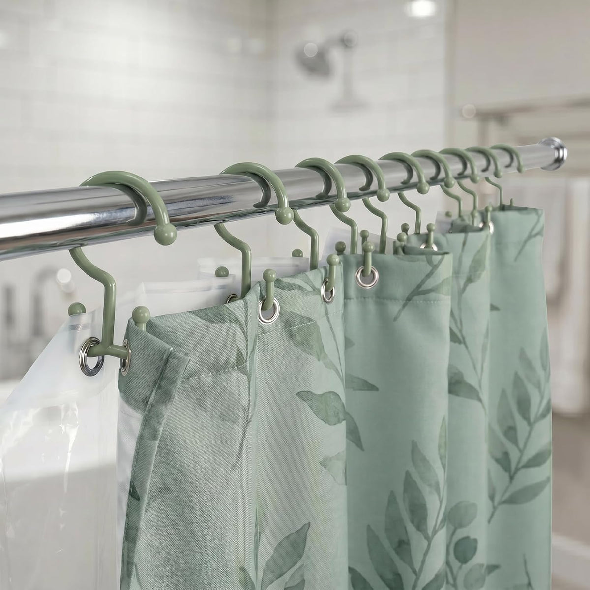 Bathway Green Shower Curtain Hooks, 12 Plastic Double Shower Curtain Rings