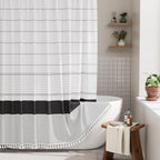 AmazerBath Boho Shower Curtain, Modern Farmhouse Shower Curtain Set with Tassels, Rustic Faux Linen Green Striped Shower Curtain with Hooks, Light Tan Toned, 72x72 Inches