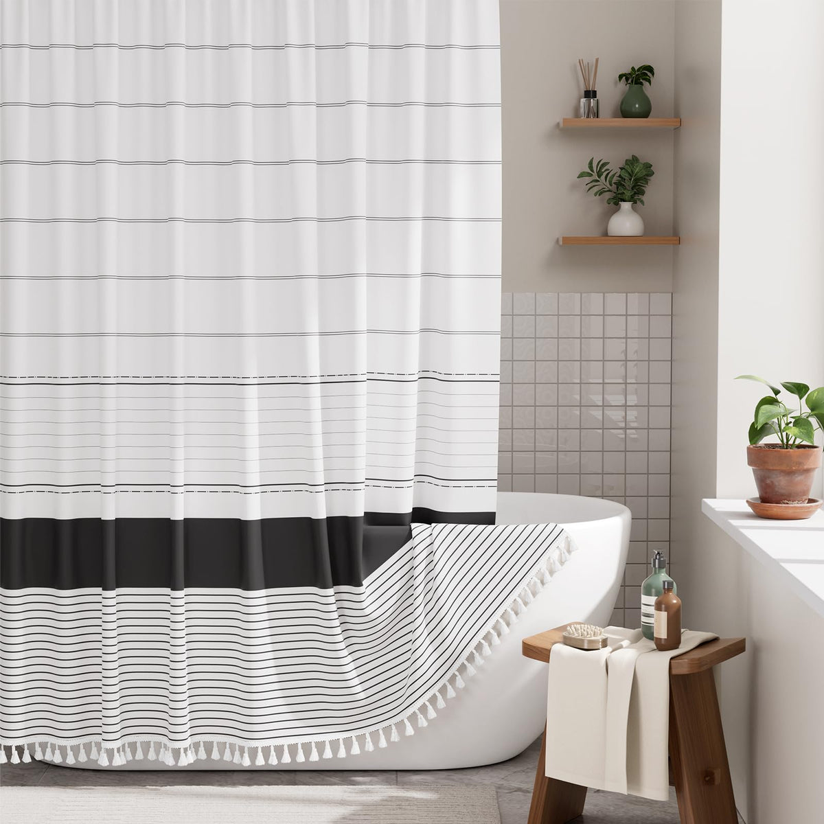 AmazerBath Boho Shower Curtain, Modern Farmhouse Shower Curtain Set with Tassels, Rustic Faux Linen Green Striped Shower Curtain with Hooks, Light Tan Toned, 72x72 Inches