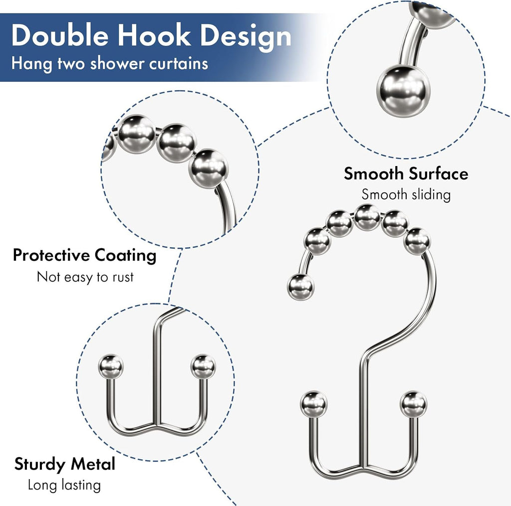 Bathway Shower Curtain Hooks Nickel Shower Curtain Rings, 12 Pcs Double Hook Shower Curtain Hooks Rings Shower Curtain Hangers Rust Proof, Metal Shower Hooks for Bathroom Shower Curtain Rod