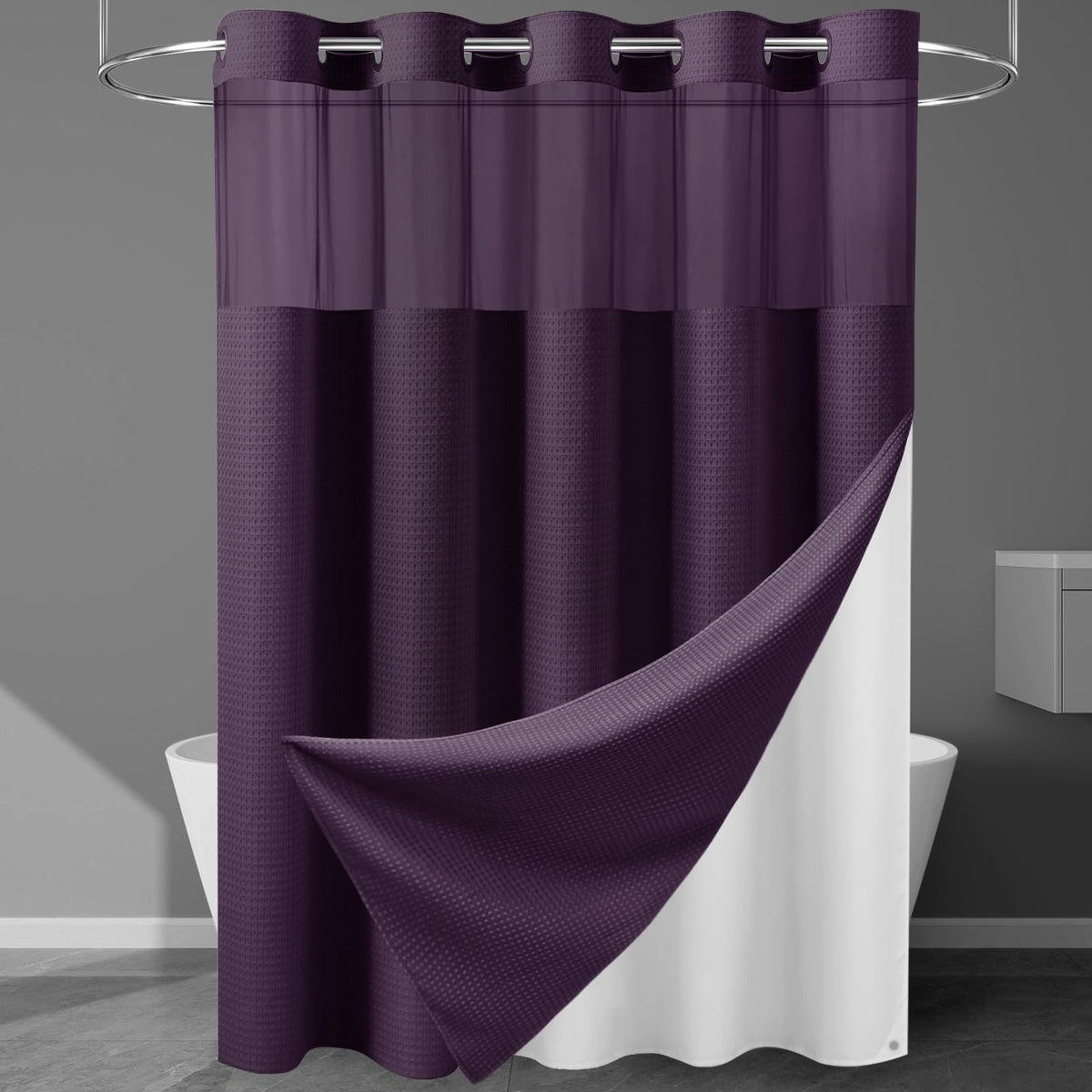 256GSM Heavyweight Ringless Waffle Shower Curtain with Liner, 71x74, White