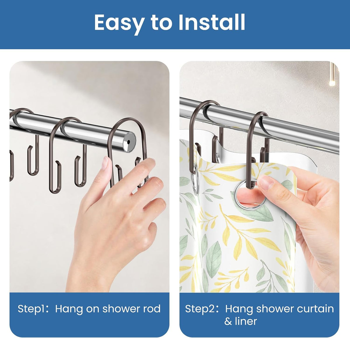 Bronze Shower Curtain Hooks Rings，Double Sided Shower Curtain Hooks Rust Proof，12 pcs Shower Hooks for Inside Shower，Smooth Sliding Anti-Drop Double Shower Rings for Curtain
