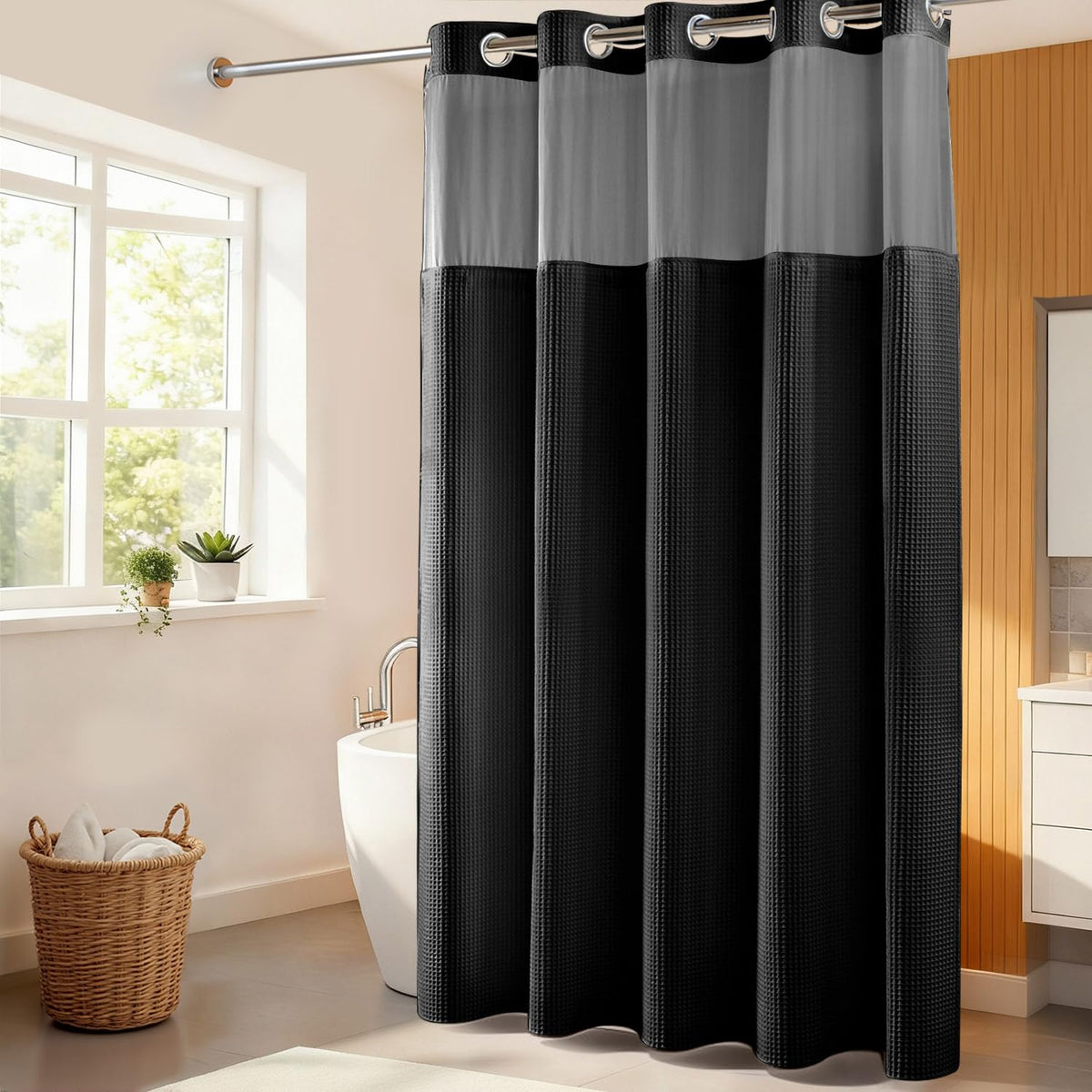 River Dream Cotton Blend Fabric Shower Curtain Set with Liner, White, 54x80