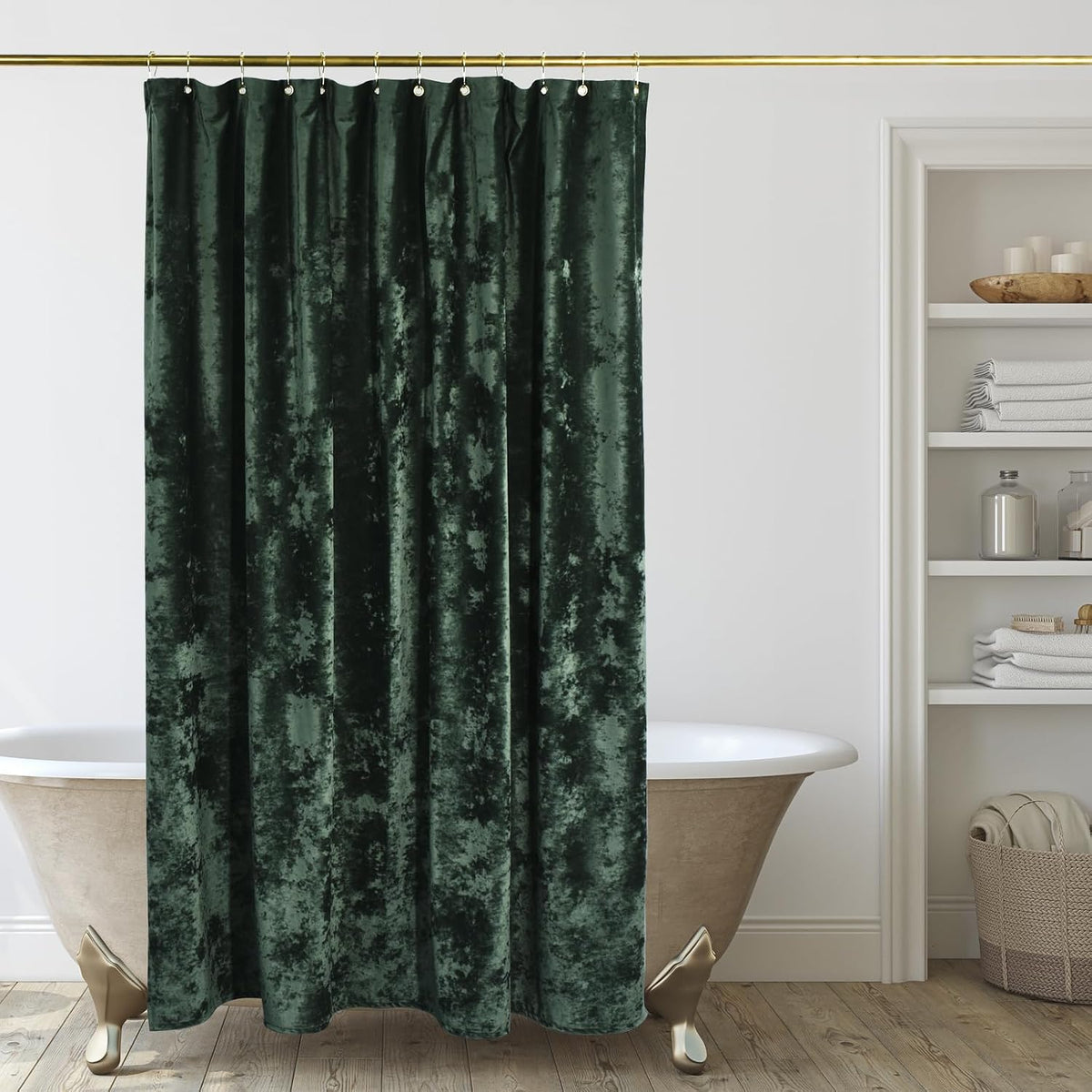 TAMGHO Crushed Velvet Shower Curtain, Dark Green Luxury Shower Curtain with Gold Decro Metal Hooks, Machine Washable Thick Fabric Bathroom Curtain, 72x72