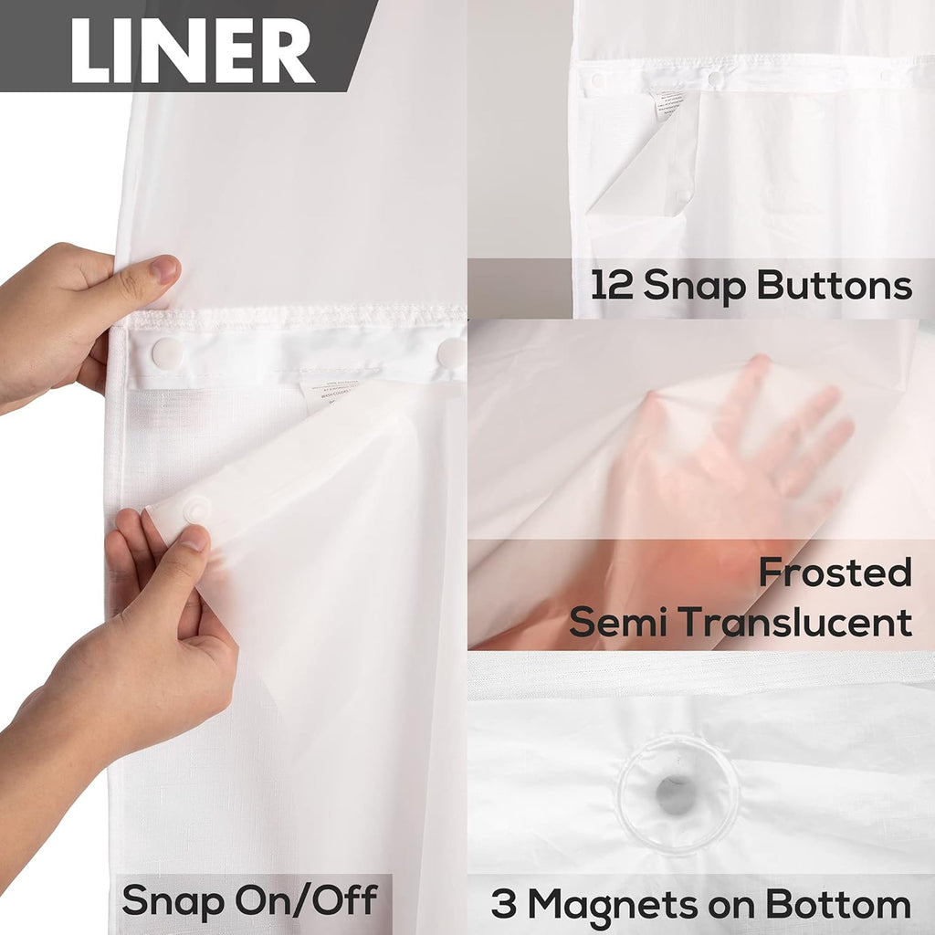 River Dream No Hook Shower Curtain with Snap-in Liner Set, White, 71x74