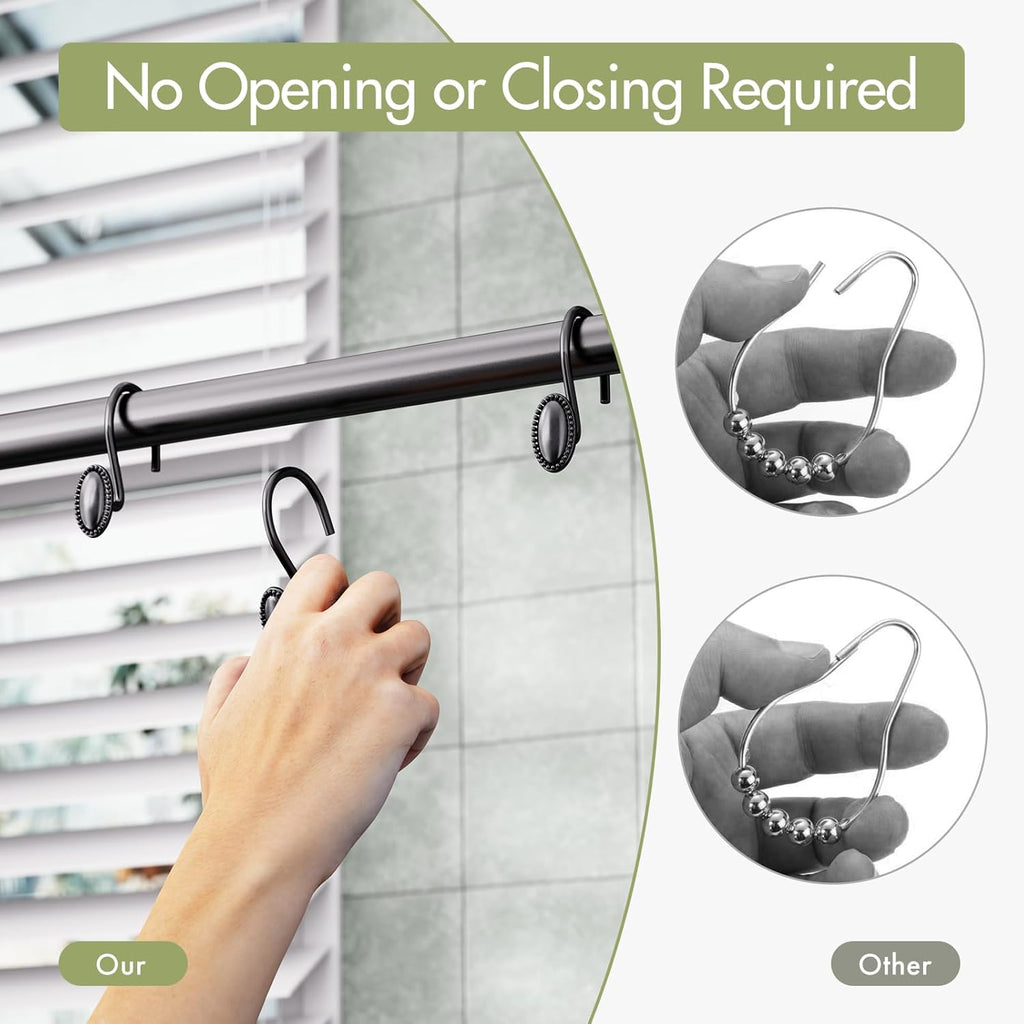 AmazerBath Black Shower Curtain Hooks, 12PCS Rust Proof Shower Curtain Rings, Decorative Modern Shower Curtain Hangers, Elliptical Heavy Duty Design Convenient for Bathroom Kitchen Wardrobe