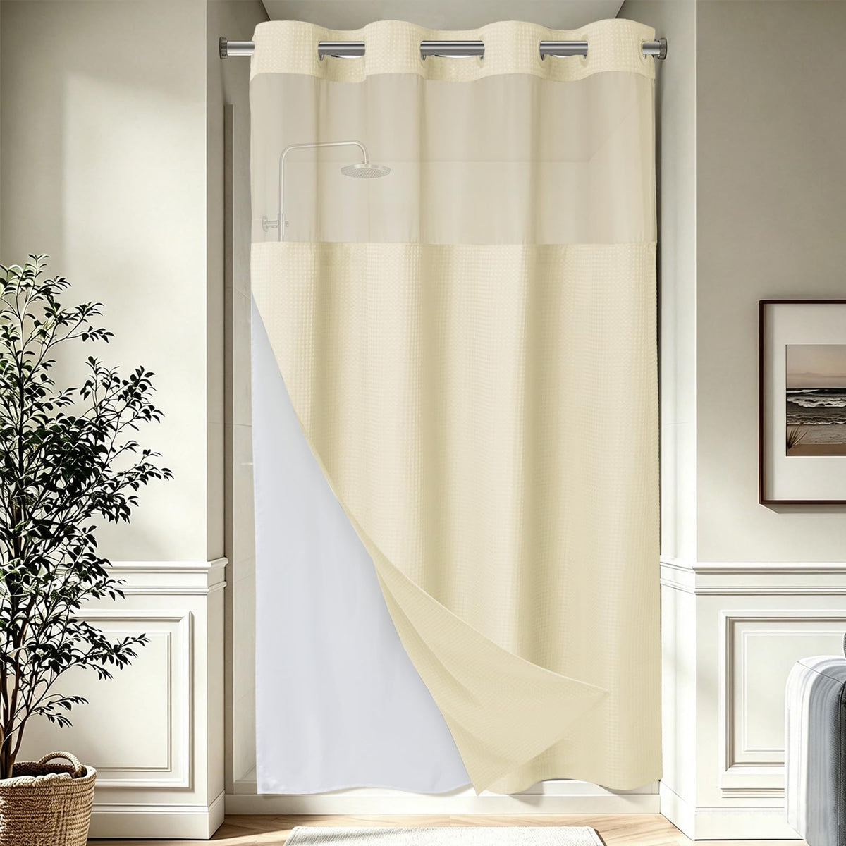 256GSM Heavyweight Ringless Waffle Shower Curtain with Liner, 71x74, White