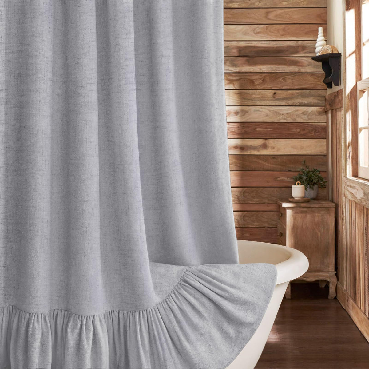 Farmhouse Shower Curtain Ruffle Linen Cream-Brown Stripe 72"W x 84"L