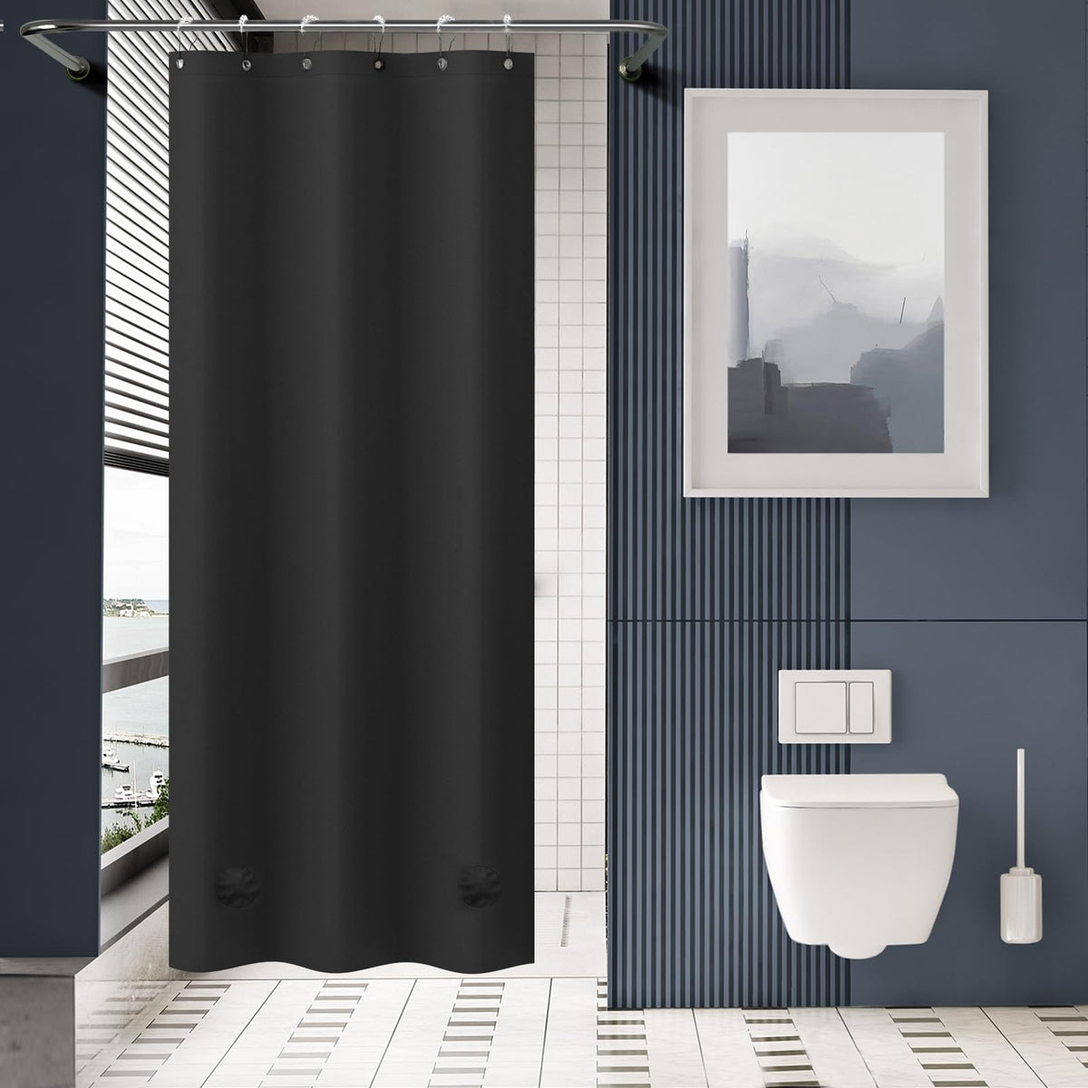AmazerBath Black Shower Curtain Liner Plastic, Thick PEVA Shower Curtain Black, Dark Shower Liner Heavy Duty 8G, Black Bathroom Curtain Waterproof with 3 Weighted Stones and 12 Grommets, 72x72 Inches