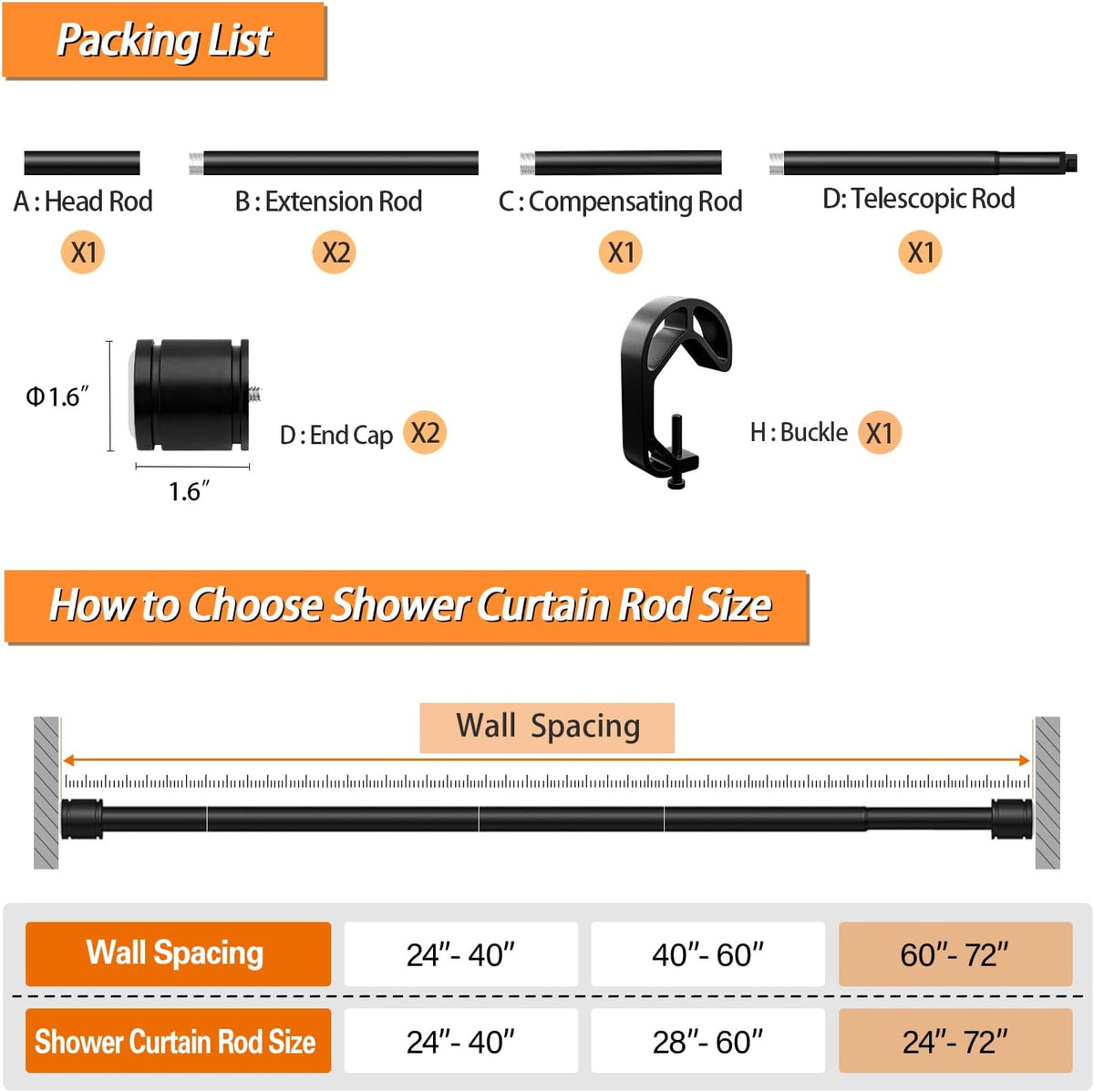 Shower Curtain Rod,Tension Rod 24 to 72 Inch,Never Fall Off,Innovative Buckle,Rustproof,No Drilling,Easy to Install,1 Inch Diameter,Suitable for Bathroom,Window,Door,Wardrobe,Kitchen (Black)