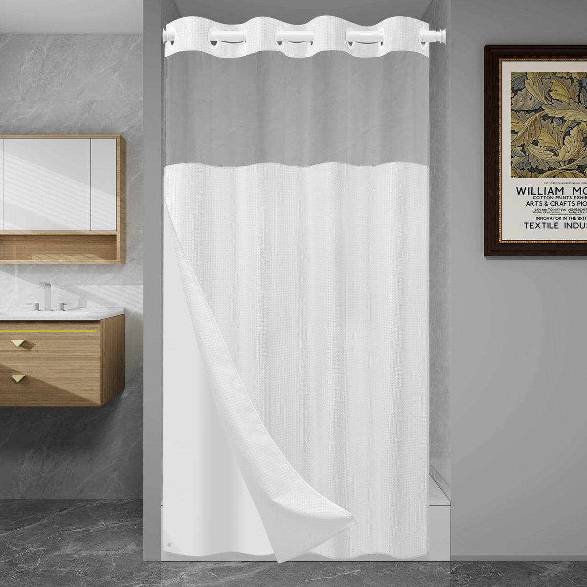 SORTTO Ringless Waffle Shower Curtain with Snap in Liner Set, 71x74, White