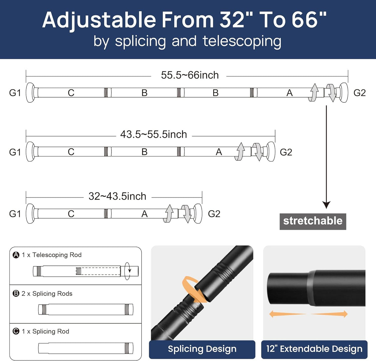ENJOYBASICS 2 Pack Tension Curtain Rod, 32-66" Adjustable, Stable, Black