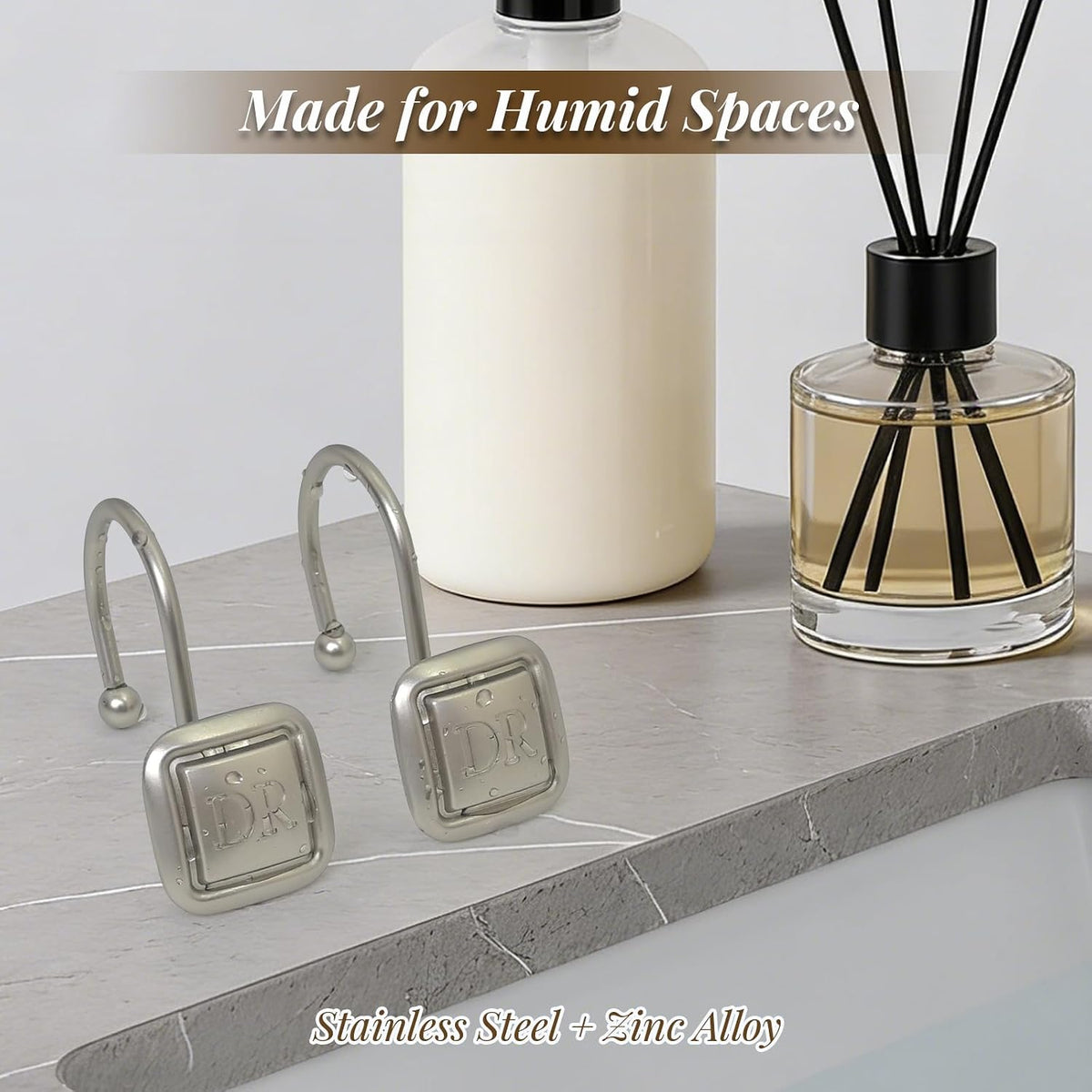 DR Monogram Shower Curtain Hooks, Set of 12, Smooth-Glide Curved Metal Hooks, Heavy-Duty Stainless Steel & Zinc Alloy, Electroplated Finish, Fits Most Standard Shower Rods (Nickel)