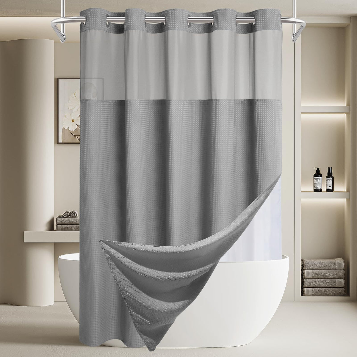 256GSM Heavyweight Ringless Waffle Shower Curtain with Liner, 71x74, White