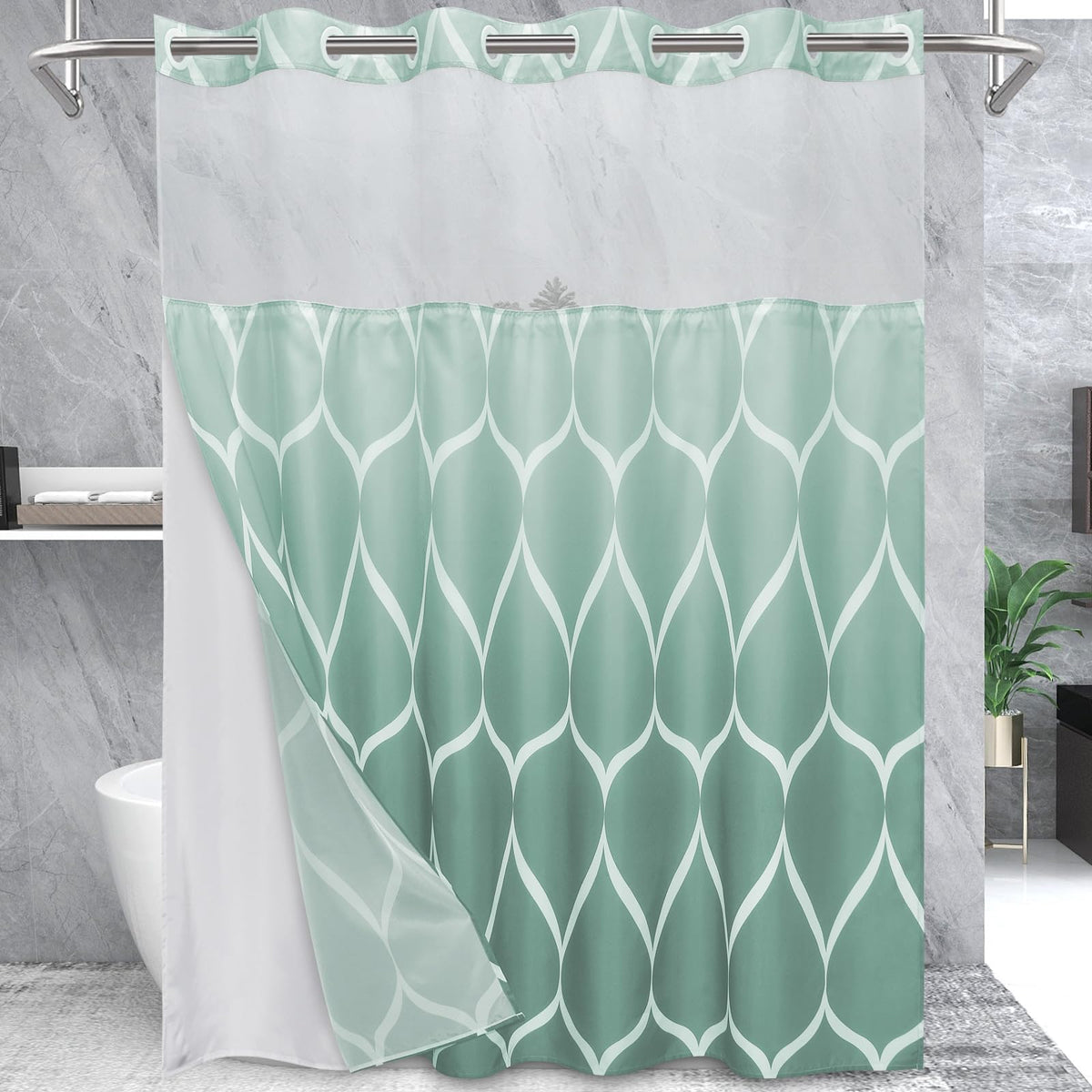 Yiatn Gray Ringless Shower Curtain with Snap-in Liner, 71 x 74 Inch