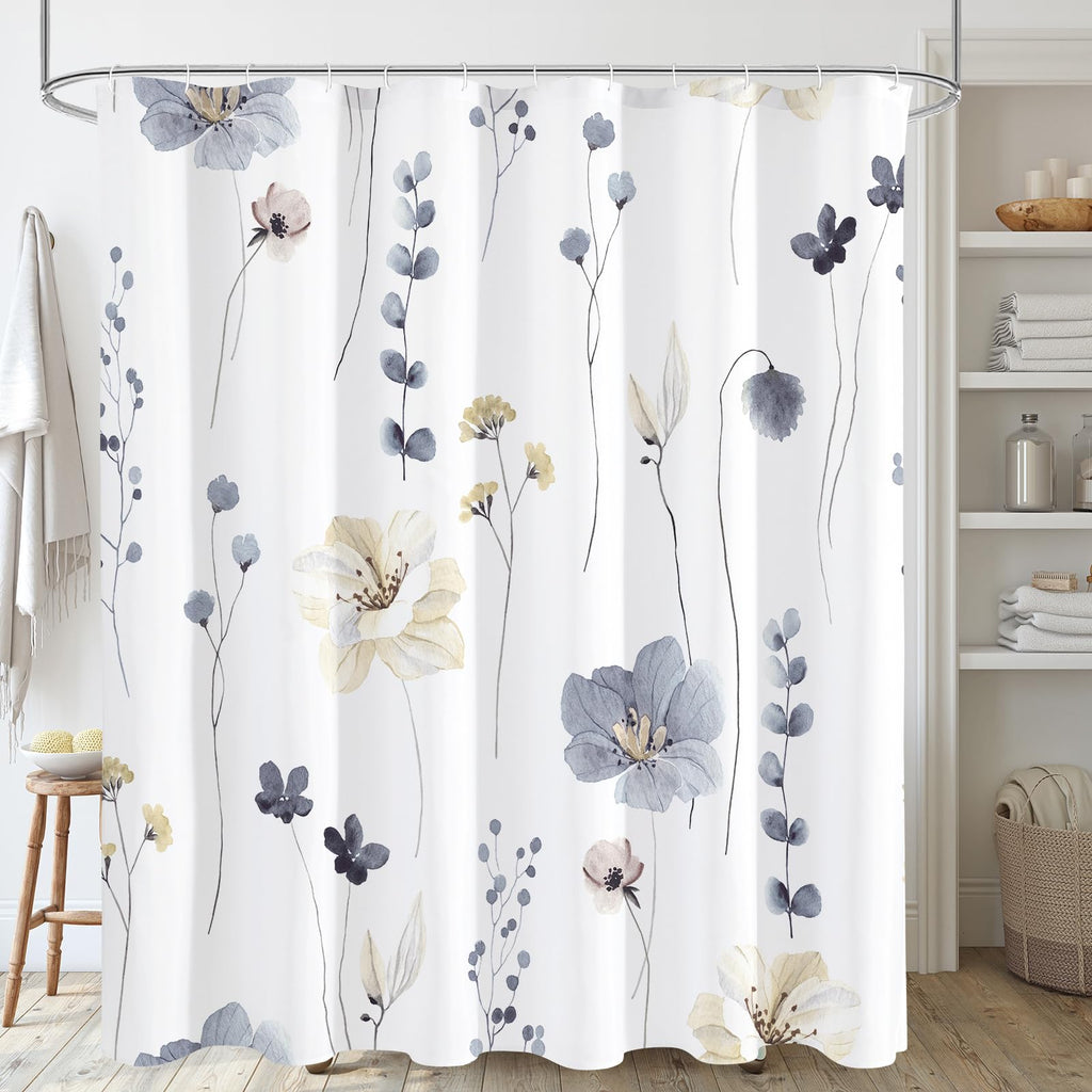 Gibelle Blue Yellow Watercolor Floral Fabric Shower Curtain, 72x72