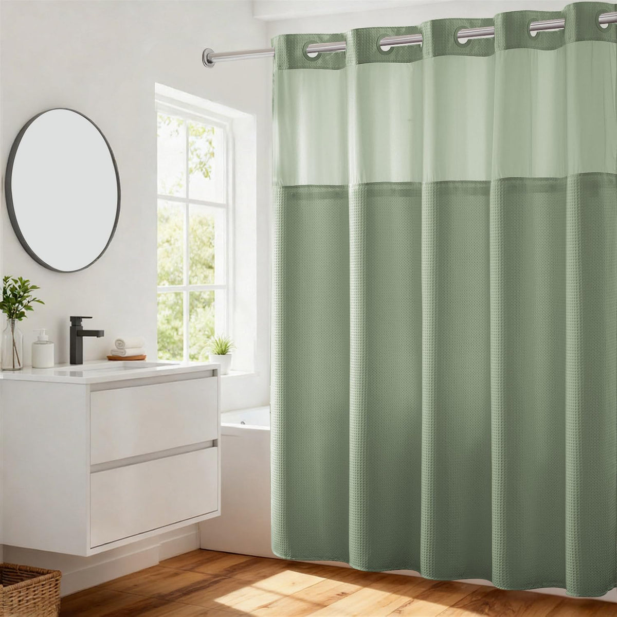 RiverDream Heavyweight Waffle No Hook Shower Curtain with Liner,White,71x74