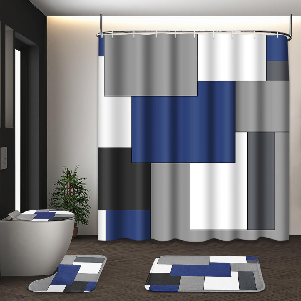 Bathroom Sets with Shower Curtain and Rugs, Set of 4, Checkered