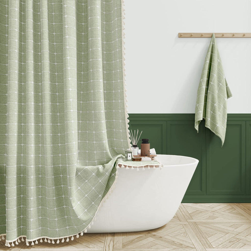 BTTN Sage Green Boho Farmhouse Linen Heavy Duty Shower Curtain Set, 72x72