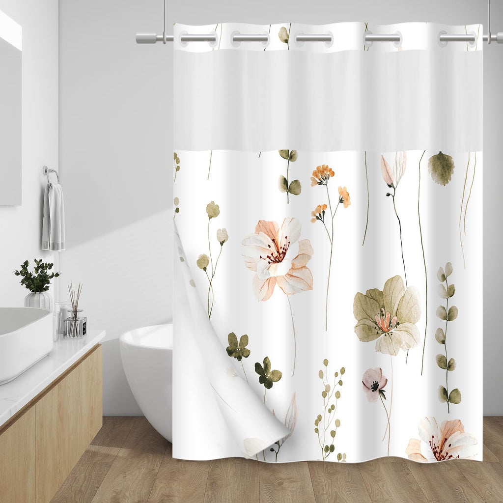 WITHLOC Hook Free Floral Shower Curtain with Liner, Blue Beige, 71x74