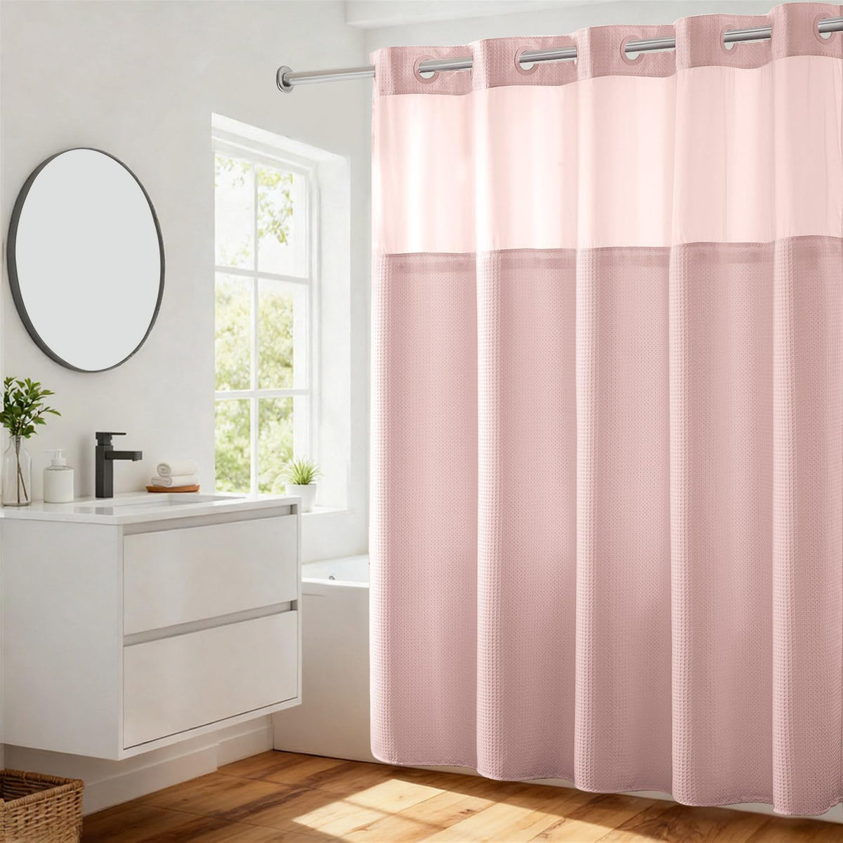 RiverDream Heavyweight Waffle No Hook Shower Curtain with Liner,White,71x74