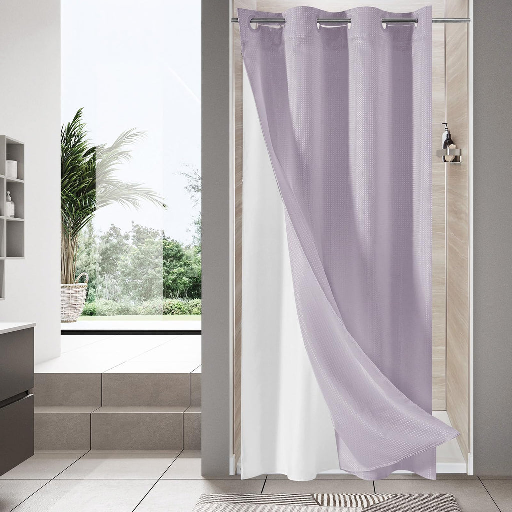 No Hook Weave Fabric Shower Curtain with Snap-in Liner White,72x74