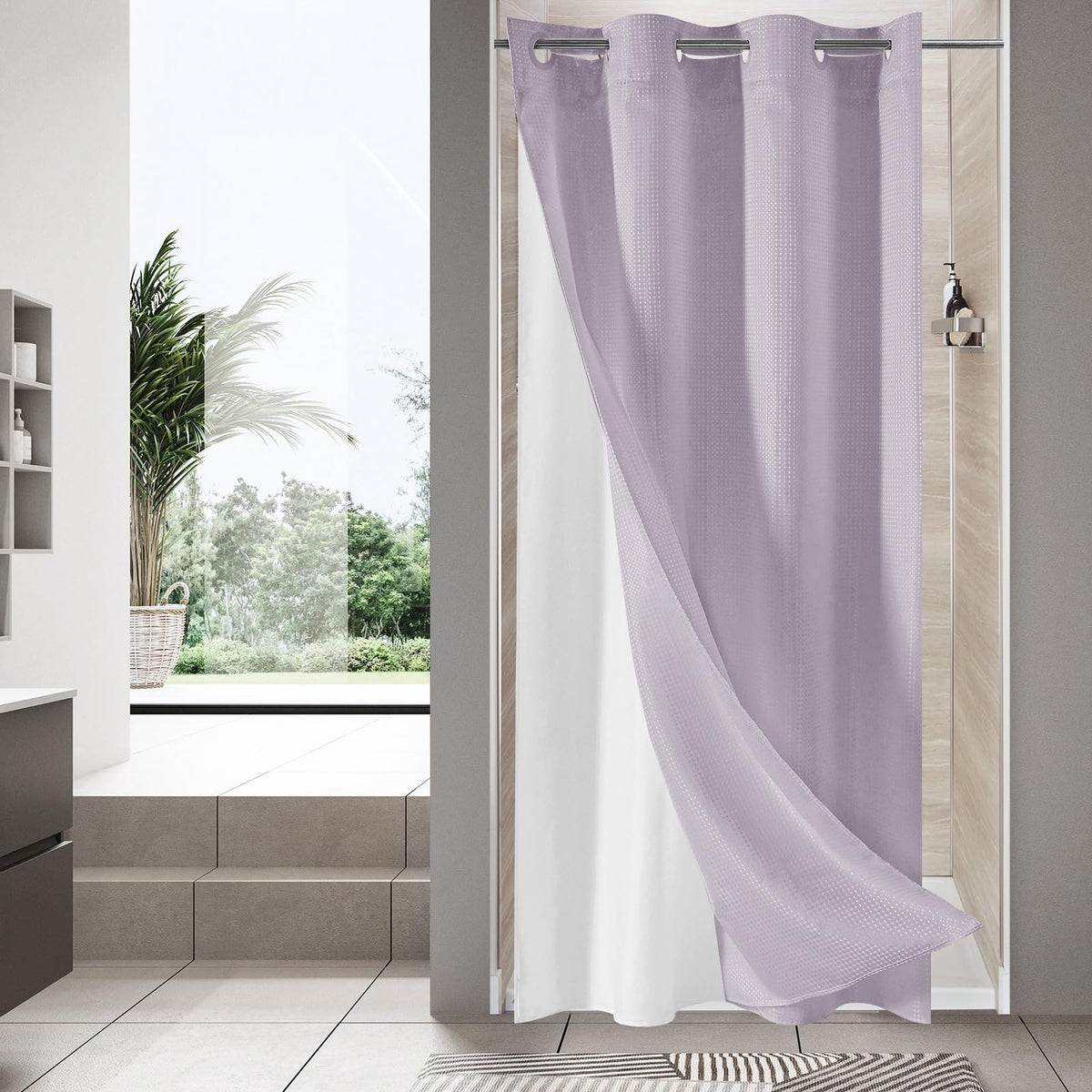 No Hook Weave Fabric Shower Curtain with Snap-in Liner White,72x74