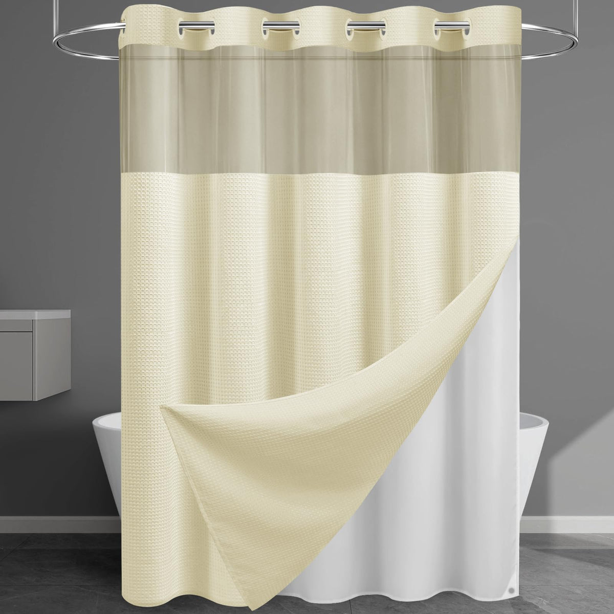 256GSM Heavyweight Ringless Waffle Shower Curtain with Liner, 71x74, White