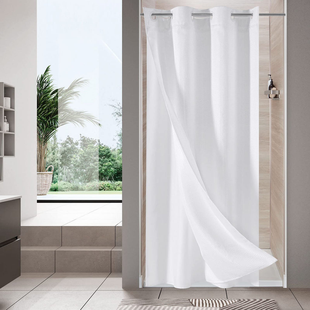 No Hook Weave Fabric Shower Curtain with Snap-in Liner White,72x74