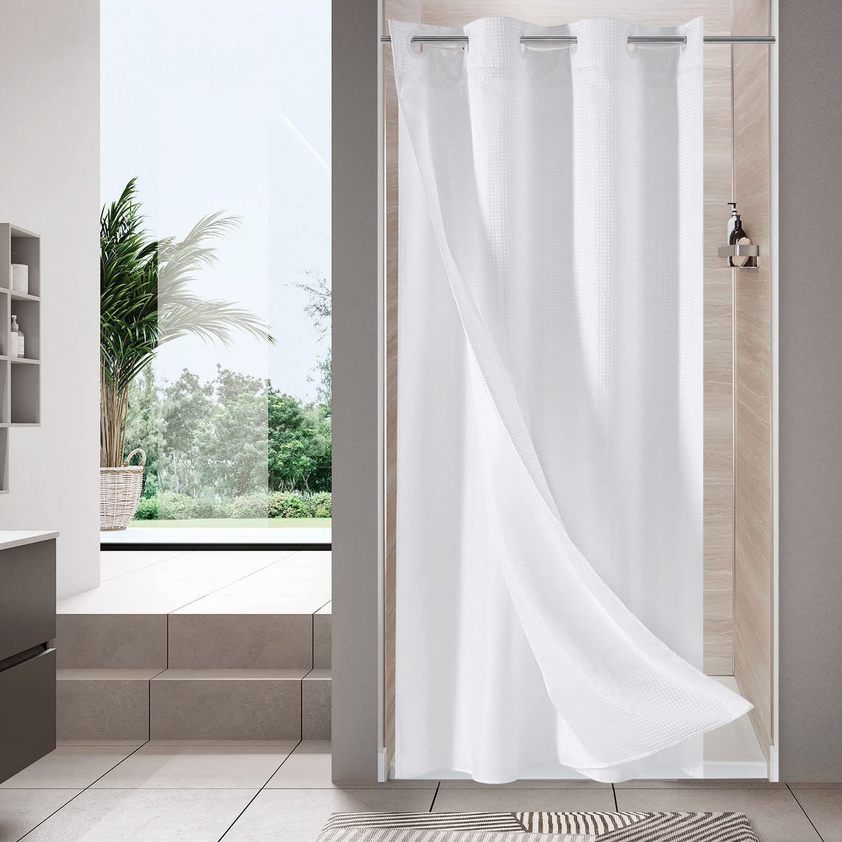 No Hook Weave Fabric Shower Curtain with Snap-in Liner White,72x74