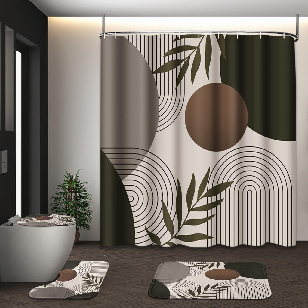 Bathroom Sets with Shower Curtain and Rugs, Set of 4 Geometric Boho
