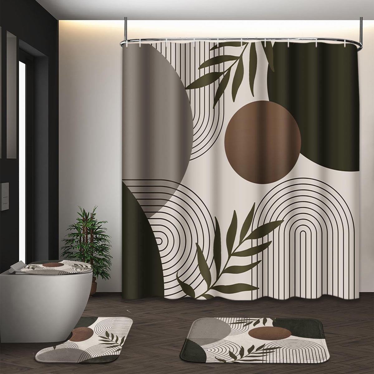 Bathroom Sets with Shower Curtain and Rugs, Set of 4 Geometric Boho