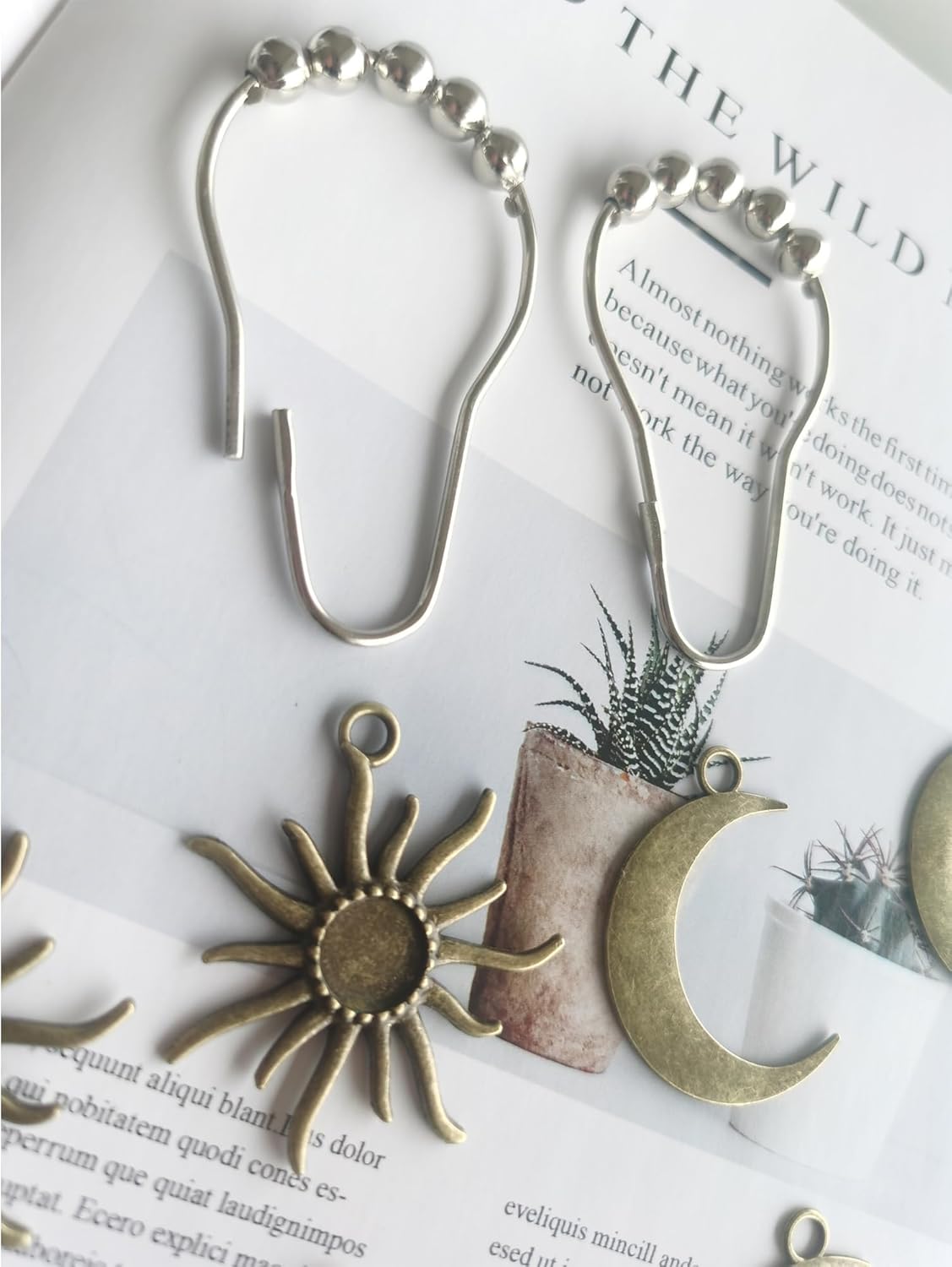 Sun Moon Celestial Shower Curtain Hooks Rings - Mid Century Abstract Boho Shower Curtain Hooks, Minimalist Vintage Cute Shower Hooks,Chic Mystic Fantasy Goth Nature Bathroom Decor