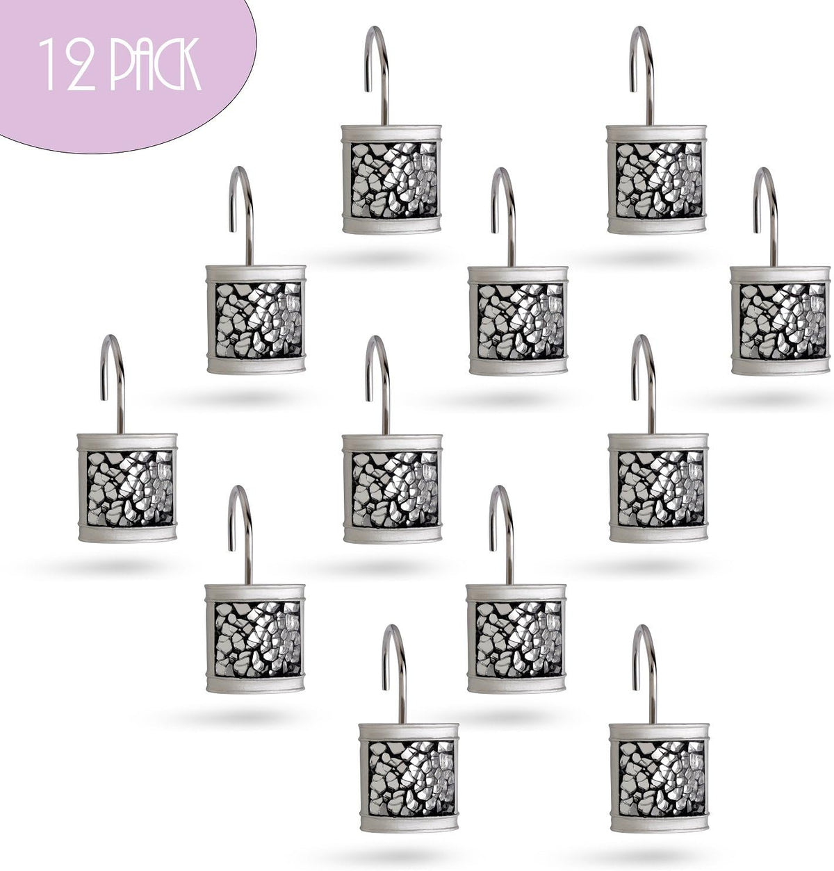 Creative Scents Silver Shower Curtain Hooks Decorative | Set of 12
