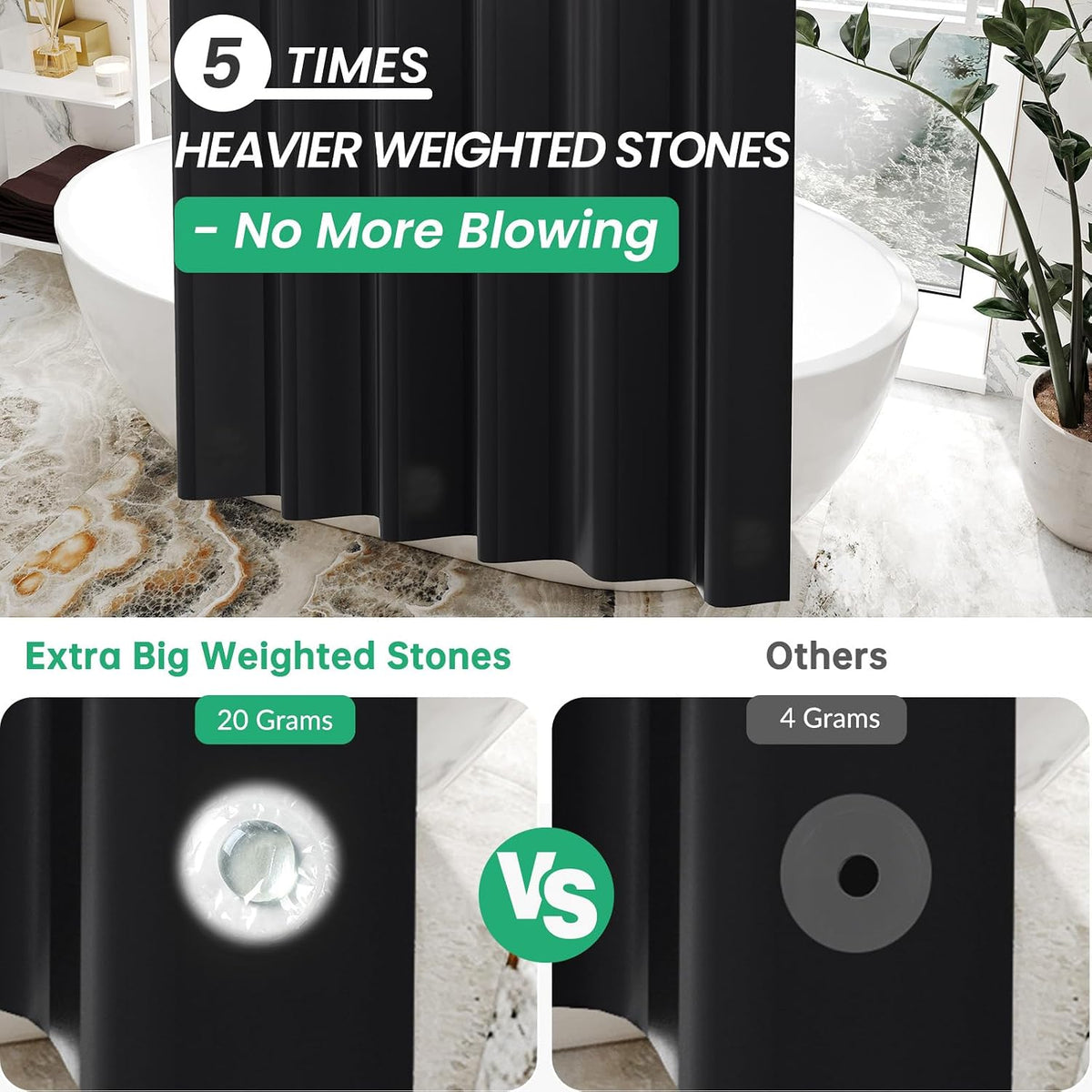 AmazerBath Black Shower Curtain Liner Plastic, Thick PEVA Shower Curtain Black, Dark Shower Liner Heavy Duty 8G, Black Bathroom Curtain Waterproof with 3 Weighted Stones and 12 Grommets, 72x72 Inches