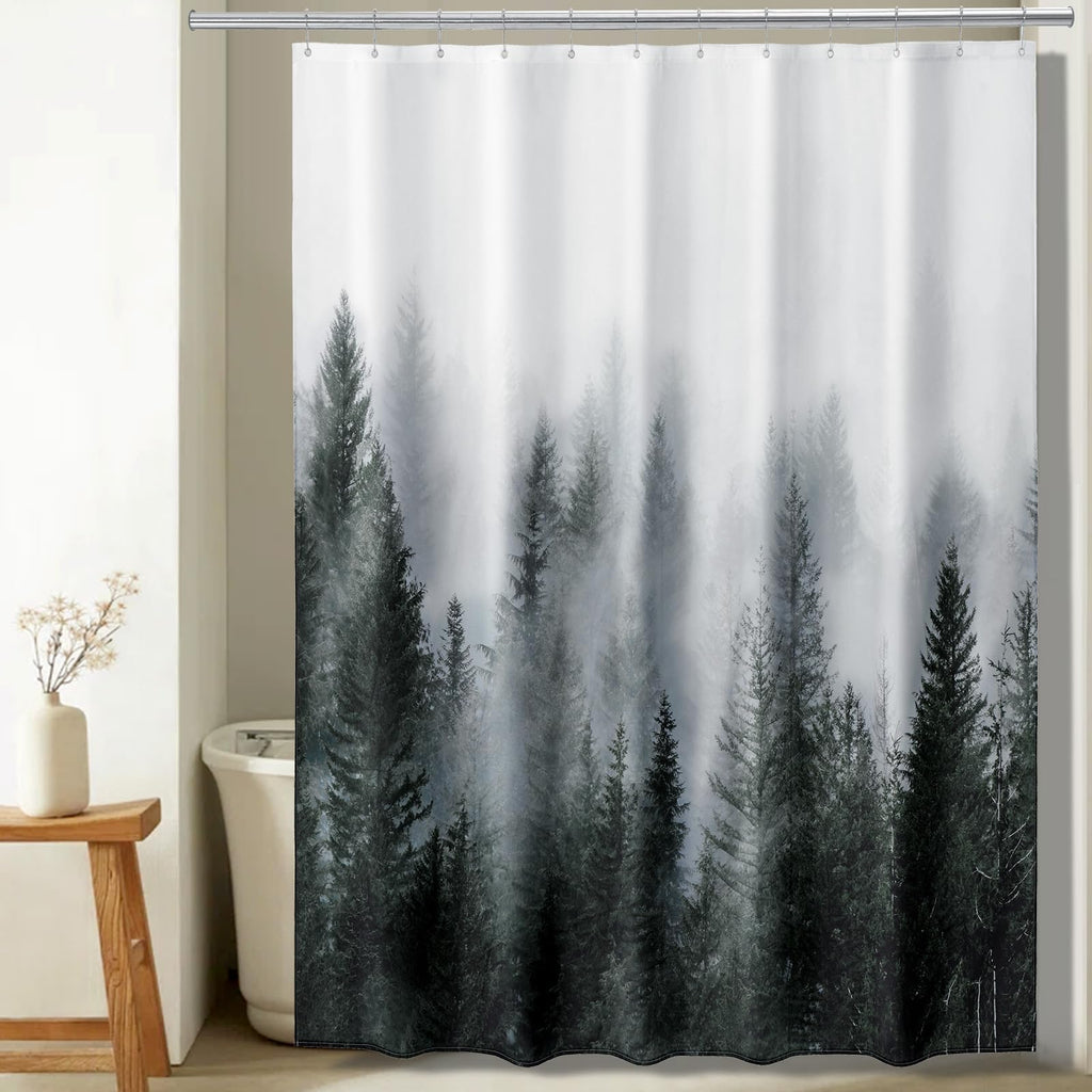 ORTIGIA Dark Green Misty Forest Shower Curtain for Bathroom, Nature Woodland Shower Curtain Set with Hooks, Decorative Pine Tree Fog Magic Bath Curtain for Home, Waterproof Fabric, Weighted, 72x72