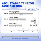 Shower Curtain Rod, No Drilling Adjustable 32-75 Inches Spring Tension Rods