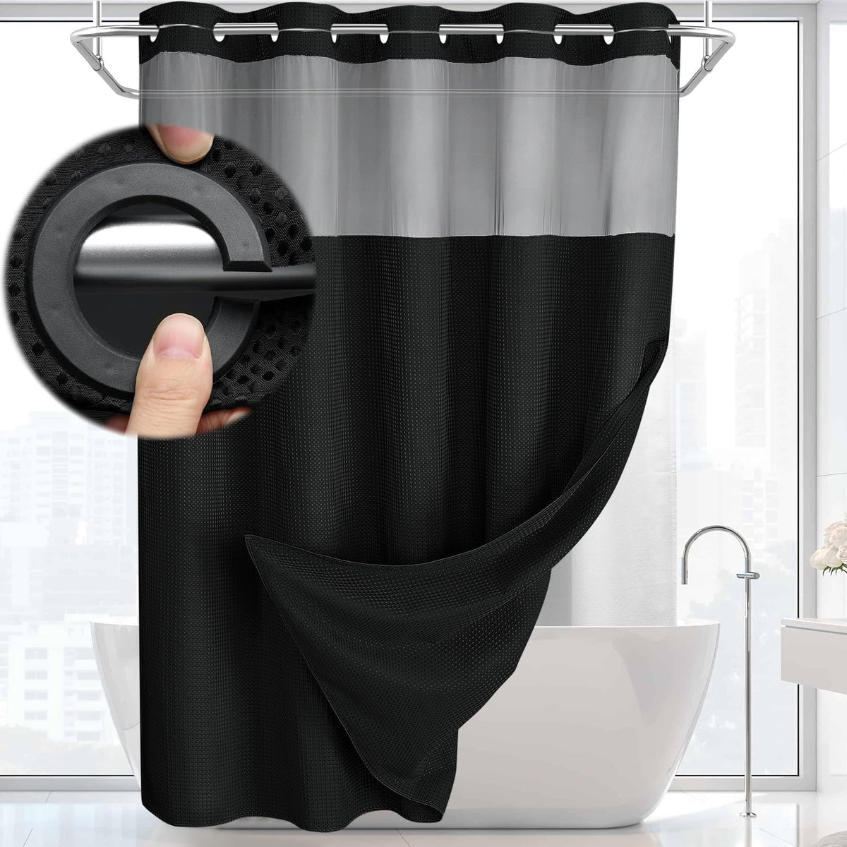 No Hook Shower Curtain with Liner Set Hotel Waffle Curtain White 72W X 75L