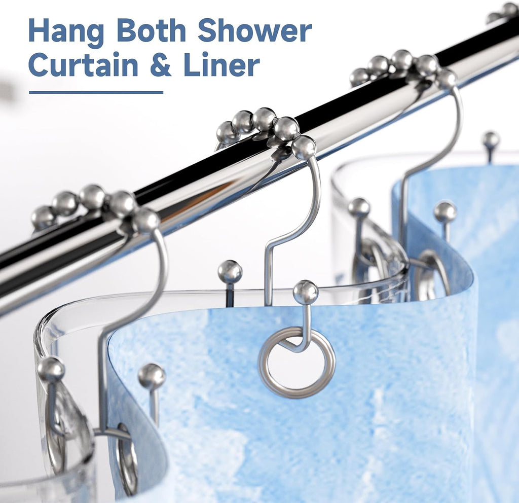 Titanker Double Shower Curtain Hooks, Rust Proof Shower Curtain Rings, Metal Shower Hooks for Bathroom Shower Rods Curtains, Set of 12 Hooks - Chrome