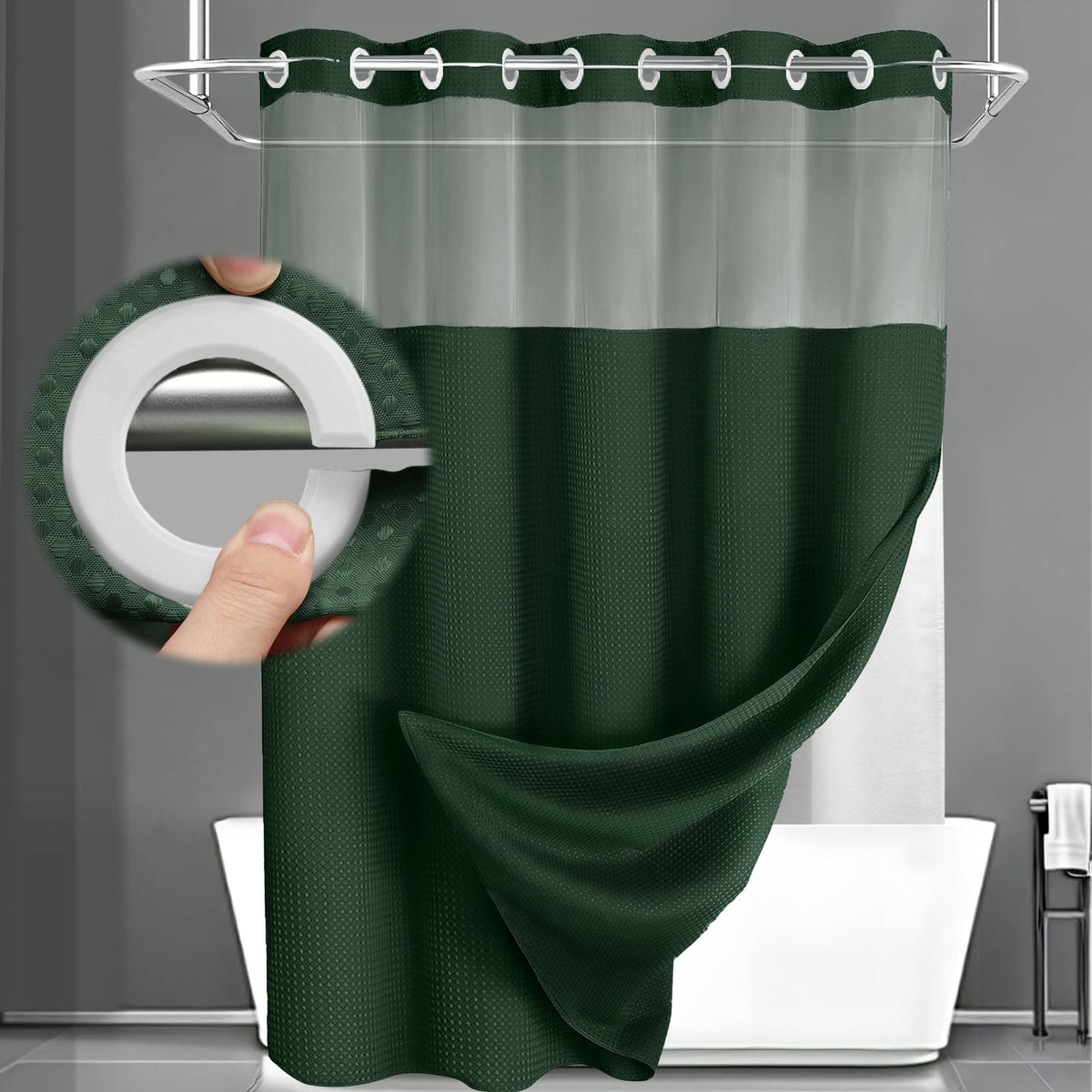 No Hook Shower Curtain with Liner Set Hotel Waffle Curtain White 72W X 75L