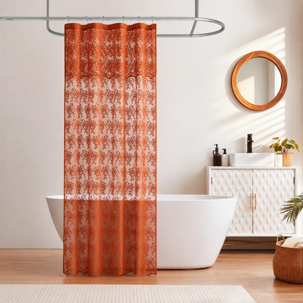 TUDECO Lace Brown Shower Curtain with Attached Valance, 72 x 72 Inch