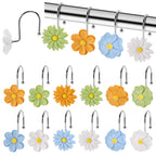 Flower Shower Curtain Hooks, 12 Pack Rustproof Stainless Steel Decorative, Bohemian Floral Bathroom Accessories for Curtain Rod and Shower Rod（White）
