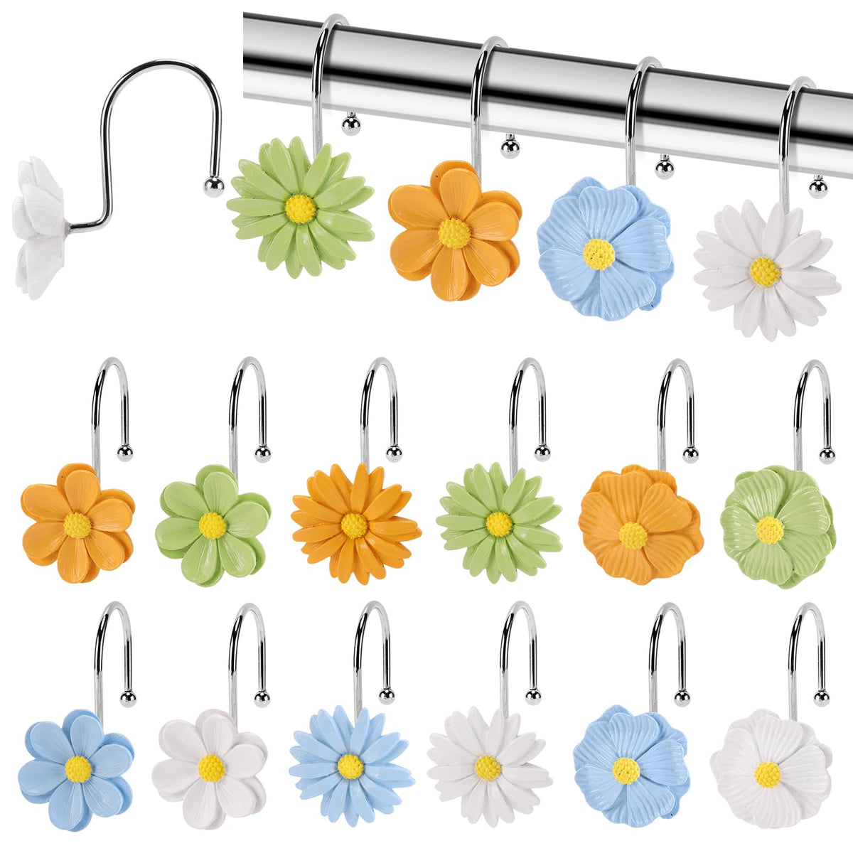 Flower Shower Curtain Hooks, 12 Pack Rustproof Stainless Steel Decorative, Bohemian Floral Bathroom Accessories for Curtain Rod and Shower Rod（White）