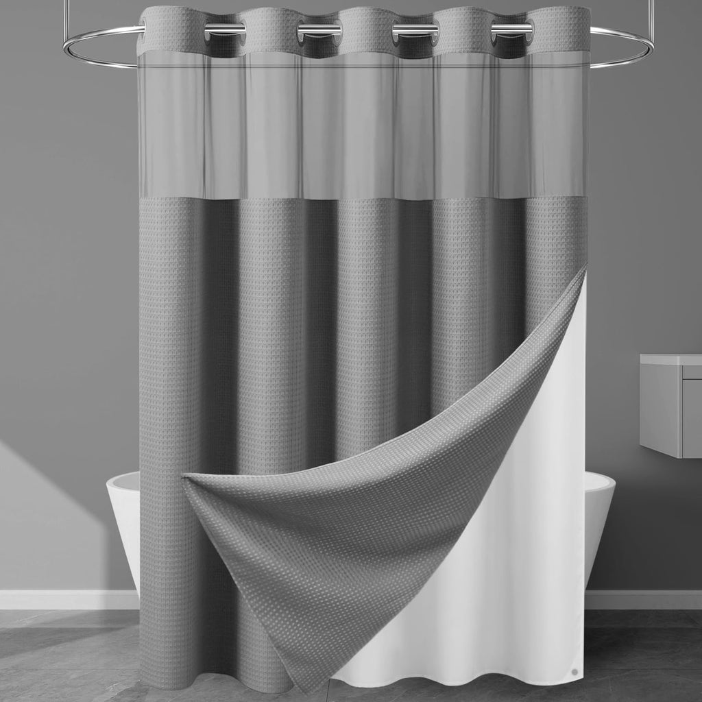 256GSM Heavyweight Ringless Waffle Shower Curtain with Liner, 71x74, White