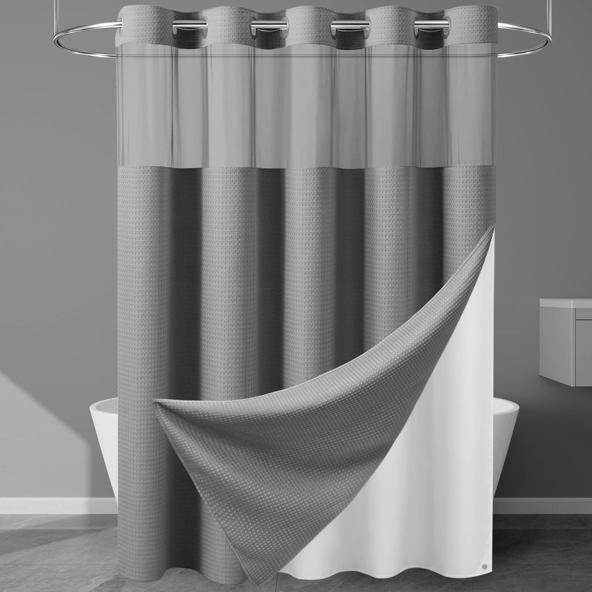 256GSM Heavyweight Ringless Waffle Shower Curtain with Liner, 71x74, White