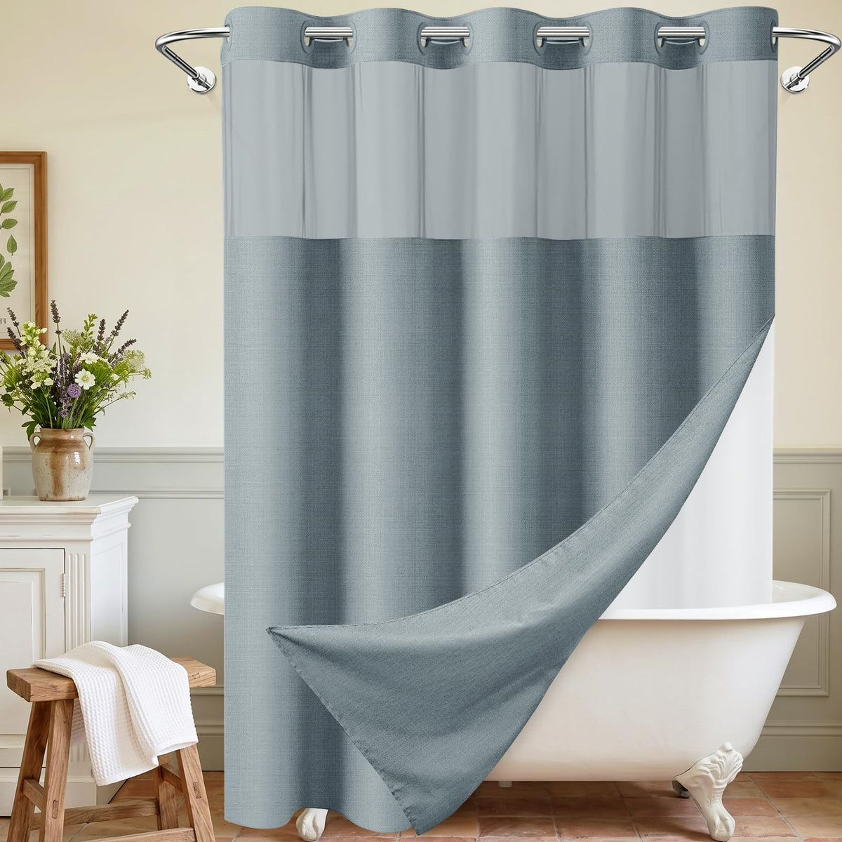 WONICY Hook-Free Shower Curtain with Snap-in Liner, Cream, 71 x 74