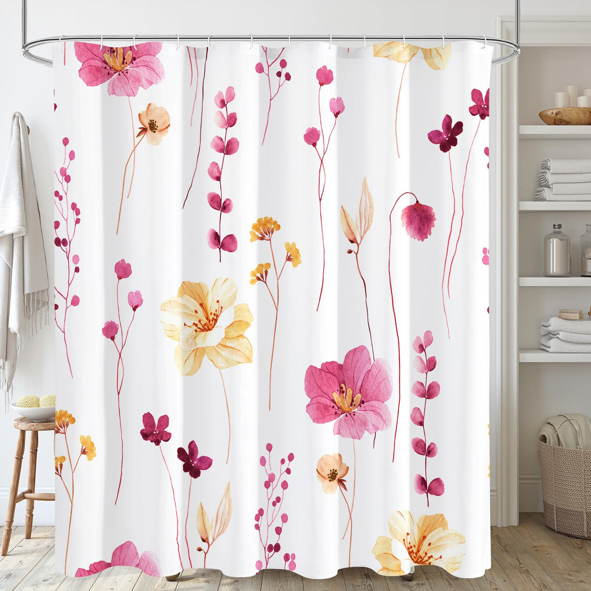 Gibelle Blue Yellow Watercolor Floral Fabric Shower Curtain, 72x72