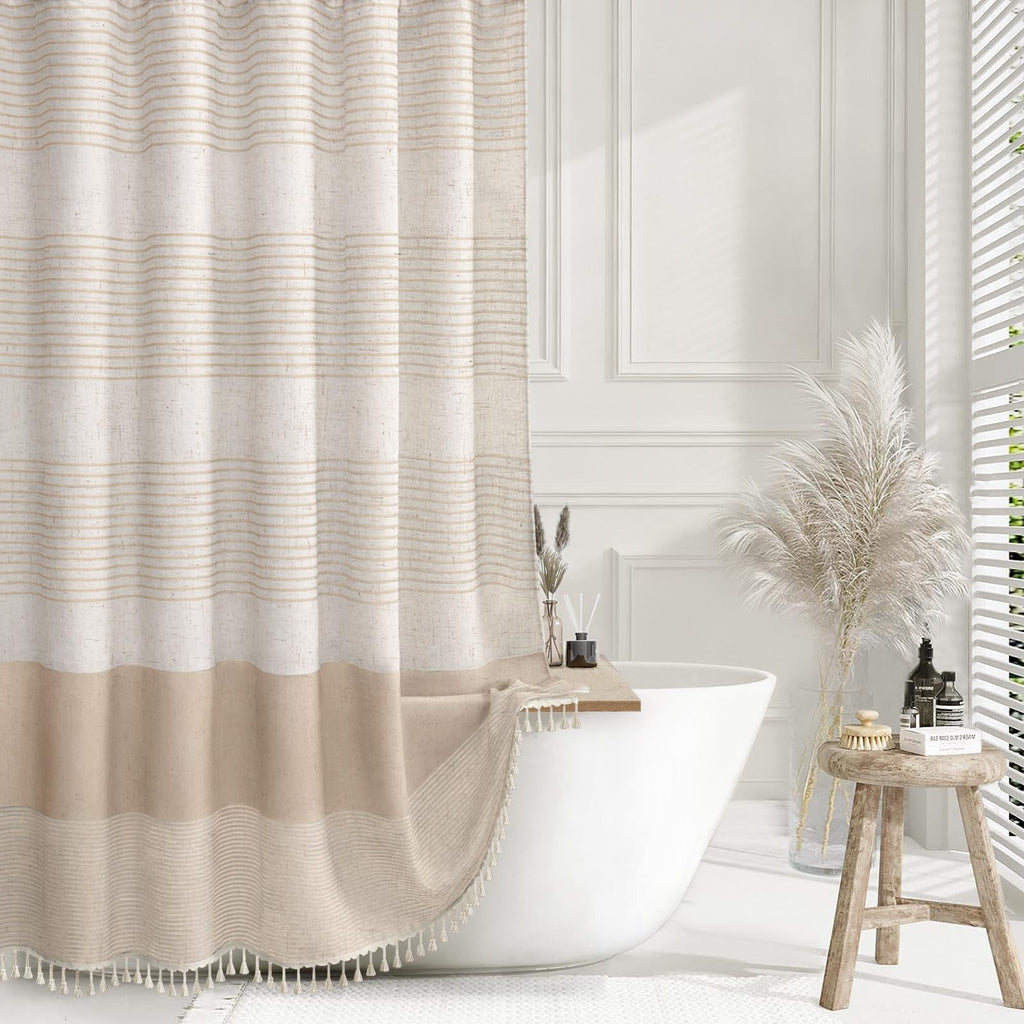 Navy Blue Coastal Ocean Linen Striped Shower Curtain with Tassel 72W X 72L