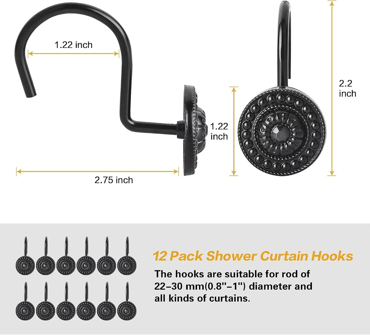 Black Shower Curtain Hooks, Rust Proof Decorative Shower Curtain Rings for Bathroom, Shower Curtain Hooks for Shower Liner, 12Pcs